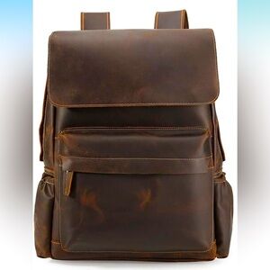 TIDING Men's Retro 15.6 Inch Genuine Cowhide Leather Laptop Backpack